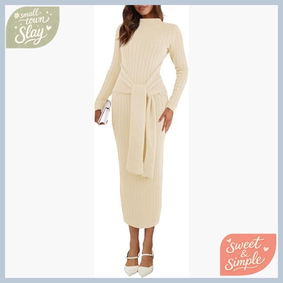 Long Sleeve Midi Sweater Dress Ribbed Knit Bodycon Mock Neck Tie Waist